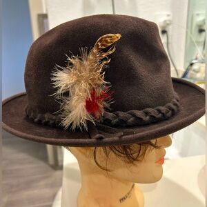 Vintage Barcelona Brown Fedora Hat with Feather Accent!